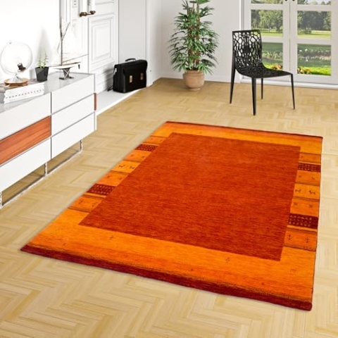 Natur Teppich Gabbeh Esta Terrakotta Bordüre - Wollteppich - Handgewebt, Weich, Langlebig - Klassisches Design