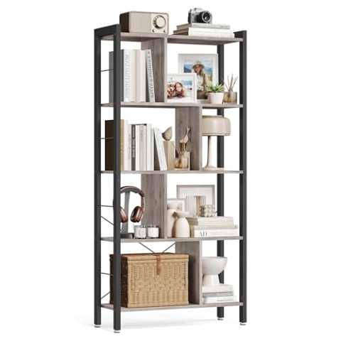 VASAGLE Regal, Bücherregal, Büroregal mit 5 Ebenen, Standregal, Aufbewahrungsregal, groß, Metallgestell, Greige meliert-tintenschwarz LBC012B02​