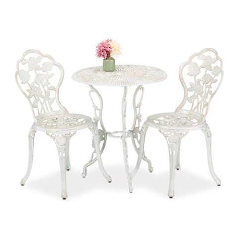 Relaxdays Gartenmöbel Set, 3-teilig, Tisch & 2 Stühle, Vintage Balkonmöbel, Aluguss, Garten Sitzgruppe, weiß/bronze