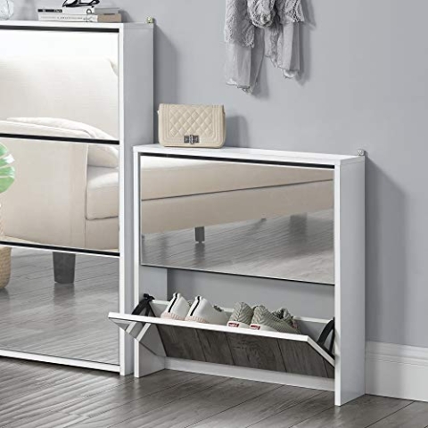 [en.casa] Schuhkipper Vogar Schuhschrank mit 2 Klappen verspiegelt Schuhkommode für 6 Paar Schuhe 67 x 63 x 17 cm Schuhaufbewahrung Weiß