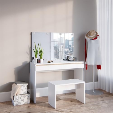 Vicco Schminktisch Emma, Kosmetiktisch mit Spiegel, Weiß, 120 cm mit LED Beleuchtung und Bank