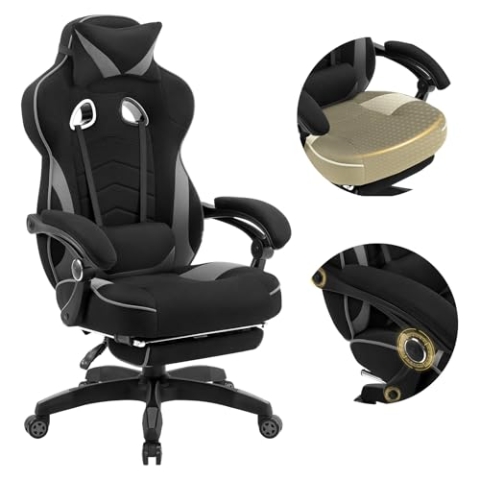 WOLTU Gaming Stuhl Stoff Atmungsaktiv Bürostuhl Gaming Chair Ergonomisch mit Lendenkissen, Gamer Stuhl 150 kg Belastbarkeit PC-Stuhl mit Große Rückenlehne & Sitzfläche, Schwarz+Grau