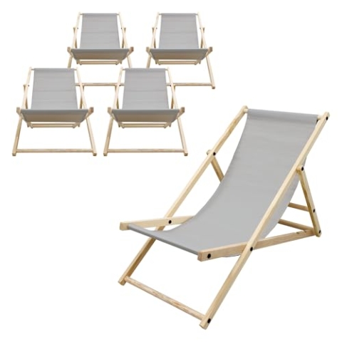 ECD Germany 5er Set Liegestuhl klappbar, Hellgrau, Holz, verstellbare Rückenlehne, 3 Positionen, bis 120kg, Sonnenliege Gartenliege Strandliege Strandstuhl Holzklappstuhl, für Garten, Balkon & Strand