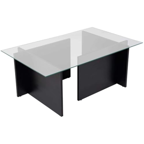 Hanah Home Stylish Coffee Table, Black Wood Finish, 105 x 65 x 40 cm | 100% Tempered Glass Top, 18 mm Thick Melamine Coated Frame | Modern Design for Living Room