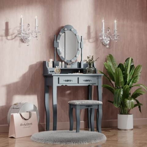 Vicco Schminktisch Maggie, Kosmetiktisch mit Spiegel, Grau, 75 cm mit LED Beleuchtung und Hocker