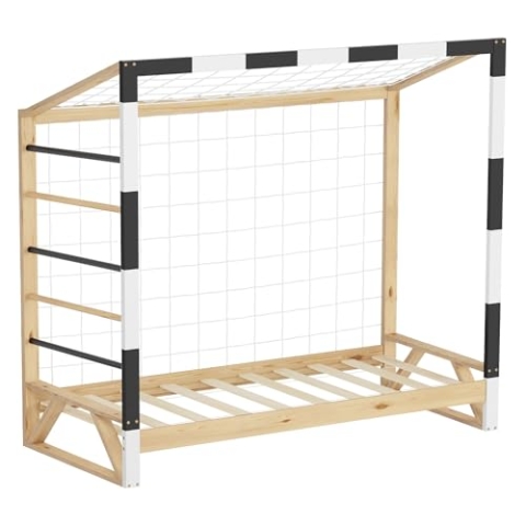 ML-Design Kinderbett Fußballtor 80x160 cm, Holzbett mit Lattenrost, Kletterleiter & Netz, Jugendbett aus Kiefernholz, Einzelbett für Kinder, Bettgestell für Jungen & Mädchen, Fußballbett-Tor Spielbett
