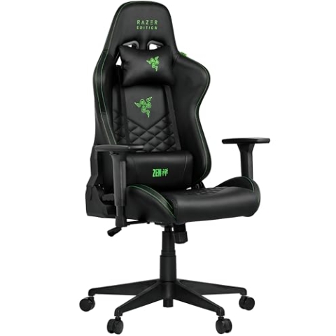 Razer Edition TAROK Natrix PC Gaming Stuhl - atmungsaktives PU-Leder gesteppt, Softcoat 3D Armlehnen, Wippfunktion, Lendenkissen und Kopfskissen, bis 130kg, schwarz