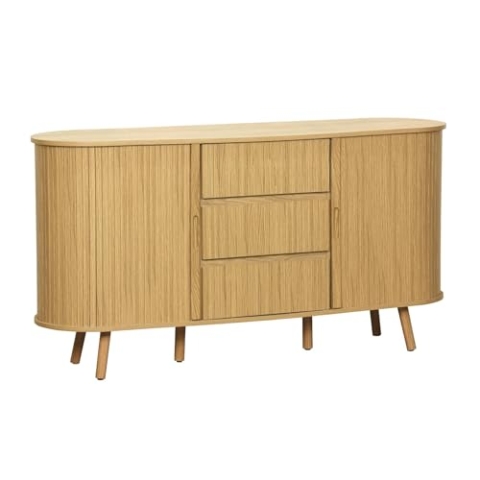 sweeek - Skandinavisches ovales Sideboard, 2 Schiebetüren, 4 Fächer, 3 Schubladen, geriffelte Holzoptik, naturfarben, B 150 x T 40 x H 79 cm - Legacy
