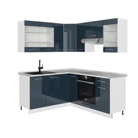 Vicco Eckküche Fame-Line, Dunkelblau Hochglanz/Weiß, 160 x 60 cm ohne Arbeitsplatte