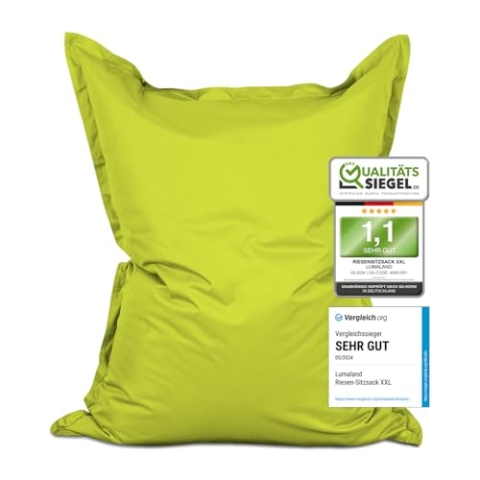 Lumaland Riesen-Sitzsack XXL 140x180 cm | Wasserfestes Indoor & Outdoor Liegekissen mit über 3 Mio. anpassungsfähigen EPS-Perlen | Bean Bag mit waschbarem Bezug & 5 Jahre Qualitätsversprechen [Grün]