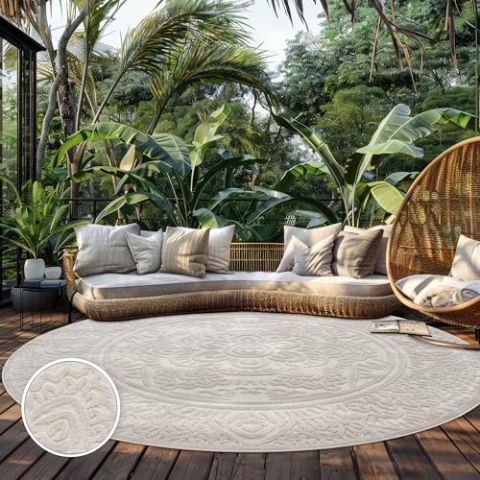 Paco Home Teppich In- & Outdoor, Moderne abstrakte Boho Designs mit 3D Struktur, robust & wetterfest, ideal für Terrasse Wohnzimmer & Küche, Grösse:120 cm Rund, Farbe:Creme 3