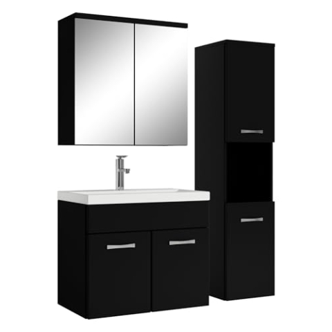 Badplaats B.V. Badezimmer Badmöbel Set Montreal mit Spiegelschrank 60cm Waschbecken Mat Schwarz - Unterschrank Hochschrank Waschtisch Möbel