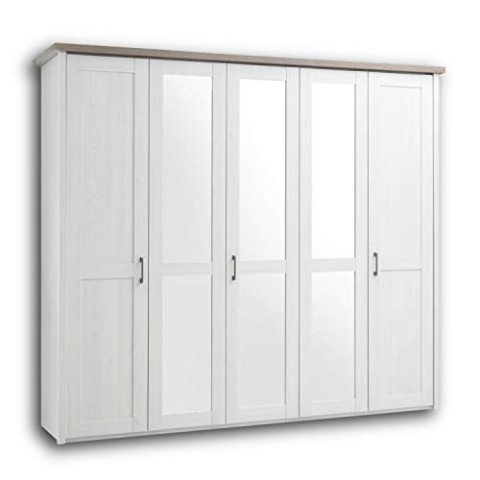 LUCA Eleganter Kleiderschrank im Landhausstil 5-türig - Vielseitiger Drehtürenschrank mit drei Spiegeltüren in Pinie Weiß / Trüffel - 241 x 212 x 62 cm (B/H/T)