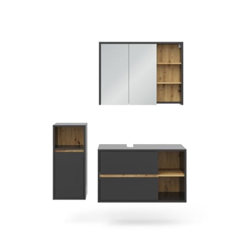 Vicco Badmöbel-Set Viola, Badezimmerschrank-Set, Anthrazit/Eiche, 3 Teile, mit Midischrank