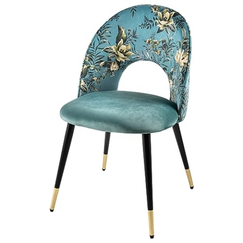 Riess Ambiente Design Stuhl PRÊT-À-Porter türkis Samt florales Muster und goldene Fußkappen