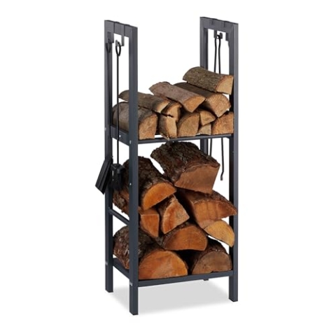Relaxdays, anthrazit Kaminholzregal mit 2 Ablagen, aus Stahl, 4 Haken für Kaminbesteck, Brennholzregal HBT 100x40x30 cm, 100 x 40 x 30 cm