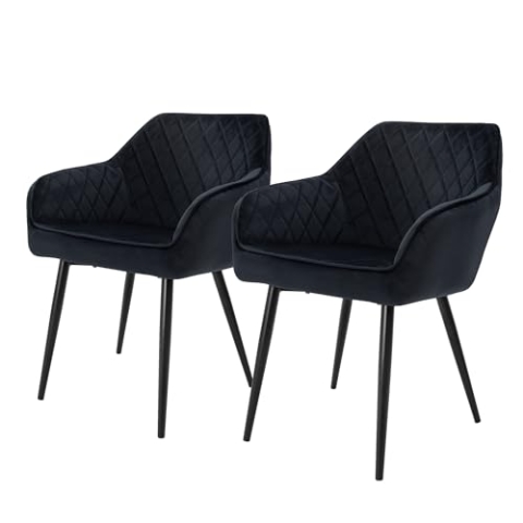 ML-Design 2er Set Esszimmerstühle mit Armlehne und Rückenlehne, Schwarz, Küchenstuhl mit Samtbezug, Polsterstuhl mit Metallbeinen, Ergonomischer Stuhl für Esstisch, Esszimmerstuhl Wohnzimmerstuhl
