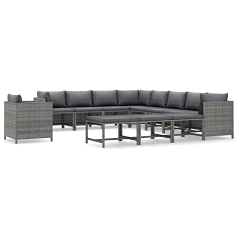 vidaXL Gartenmöbel 12-TLG. mit Kissen Garten Garnitur Sitzgruppe Sofa Lounge Sitzgarnitur Gartenset Gartensofa Mittelsofa Ecksofa Poly Rattan Grau