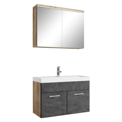 Badezimmer Badmöbel Set Paso 02 80cm Waschbecken Kastanien Eiche mit Dunkle Grau - Unterschrank Schrank Waschbecken Spiegelschrank Schrank