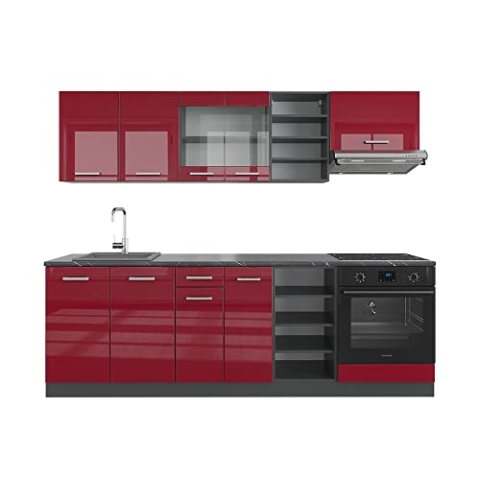 Vicco Küchenzeile R-Line, Bordeaux Hochglanz/Anthrazit, 240 cm ohne Arbeitsplatte