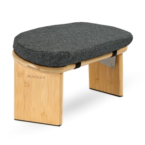 BUDDLEY Meditationsbank klappbar, Yogahocker mit Kissen, Meditationsbank, Meditationsstuhl faltbar, Yogastuhl, Hocker, Meditationshocker, Ergonomisch, Kissen