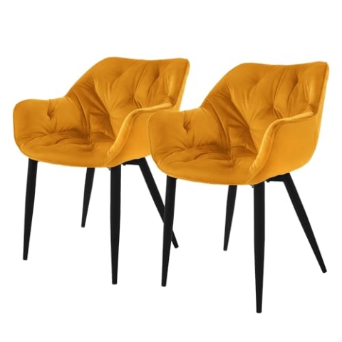 ML-Design Esszimmerstühle 2er Set Senfgelb, Küchenstuhl mit dickem Samtstoff gepolsterter Sitz, Metallbeinen, Wohnzimmerstuhl mit Rücken- und Armlehnen, Gesteppter Polsterstuhl, Ergonomischer Sessel