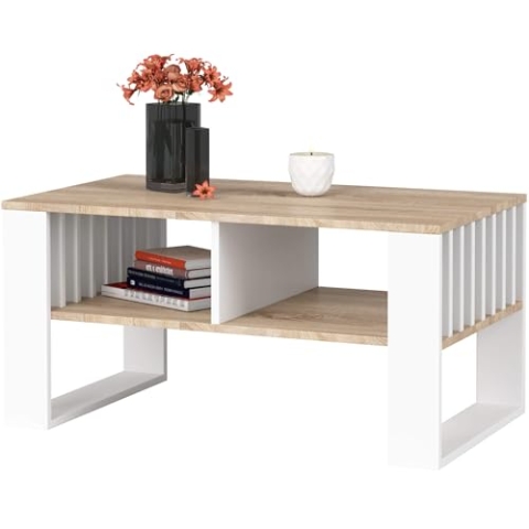 AKORD Couchtisch Holz Rockford mit einem Regal, 92x45x53cm, Für Wohnzimmer, Schlafzimmer Schrank, Minimalistisch Modernes Design, Schichtstoffplatte 16mm, Farbe Sonoma-Eiche & Weiß
