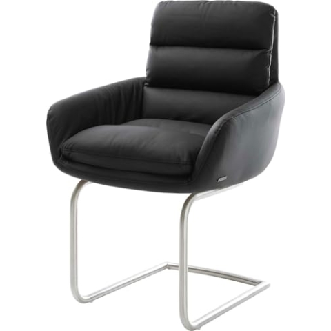 DELIFE Schwingstuhl Abelia-Flex mit Armlehnen Freischwinger rund Edelstahl Echt-Leder Schwarz