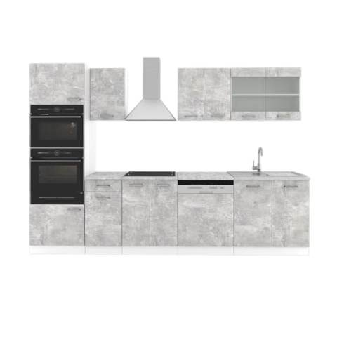 Vicco Küchenzeile R-Line, Beton/Weiß, 300 cm mit Hochschrank, AP Marmor