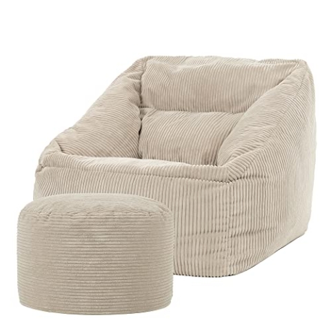 Icon Natalia Sitzsack Sessel mit Hocker für Erwachsene, Beige, Flauschiger Cord Stoff, Riesen Sitzsack Cord mit Füllung, Bean Bag Chair, Bequemer Sessel Wohnzimmer, Lounge, Schlafzimmer, Büro