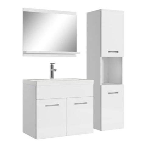 Badplaats B.V. Badezimmer Badmöbel Set Montreal 60cm Waschbecken Hochglanz Weiß Fronten - Unterschrank Hochschrank Waschtisch Möbel