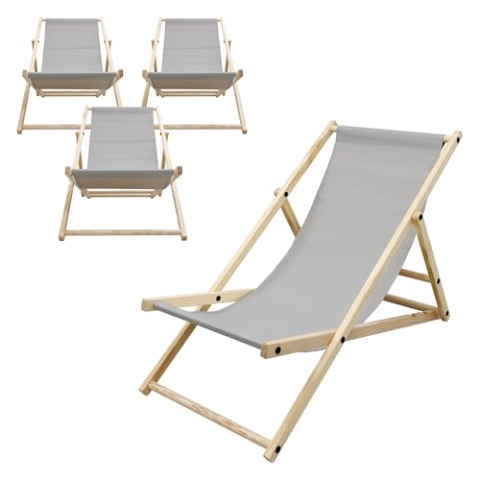 ECD Germany 4er Set Liegestuhl klappbar, Hellgrau, Holz, verstellbare Rückenlehne, 3 Positionen, bis 120kg, Sonnenliege Gartenliege Strandliege Strandstuhl Holzklappstuhl, für Garten, Balkon & Strand