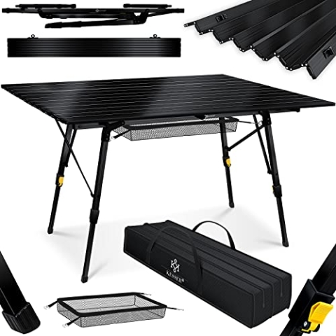 KESSER® Campingtisch faltbar Klapptisch mit Aluminiumrahmen Aufrollbare Tischplatte Falttisch klappbar Höhenverstellung 120 x 70cm - bis 30 kg inkl. Tragetasche mit Trageband & Netztasche, Schwarz