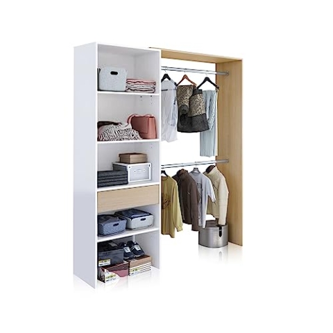 Habitdesign Kleiderschrank, Kleiderschrank mit 2 Stangen, 4 Einlegeböden und 1 Schublade, wendbar, Finish in Arktis-Weiß und Eiche, Maße: 158 cm (Breite) x 187 cm (Höhe) x 40 cm (Tiefe)