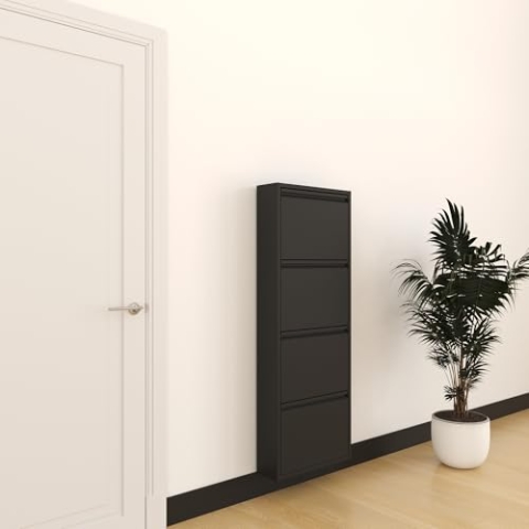 furni24 Schuhschrank Schmal – Platzsparender Metall-Schuhschrank mit Magnetklappen, Platz für 8-12 Paar Schuhe, Robuster Hoher Schuhschrank, Wandmontierbar und Vormontiert - 4 Klappen, Schwarz
