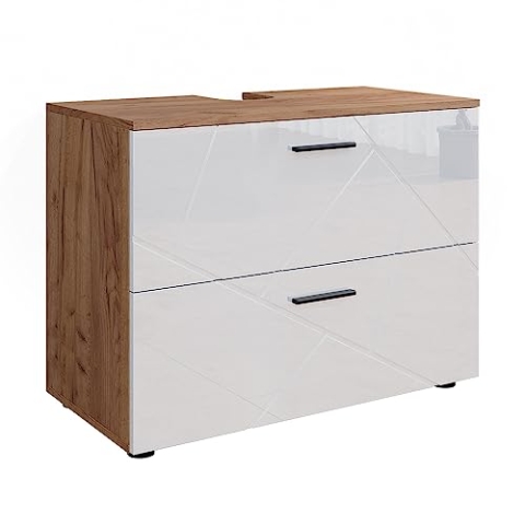 Vicco Waschbeckenunterschrank Irma, Waschtischunterschrank, Eiche/Weiß Hochglanz, 80 x 58.6 cm