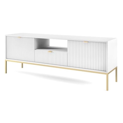 Selsey Vellore TV-Element Fernsehschrank - Weiß mit geriffelten Fronten und goldenen Metallbeinen, 154 cm