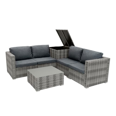 Monster Shop Rattan Modulares Gartenmöbel 6-teiliges Set Grau, 4-Sitzer Sofa, Eckstühle mit Kissen, Tisch mit Glasplatte, 250L Aufbewahrungsbox, waschbare Bezüge, für den Außenbereich, Regenabdeckung
