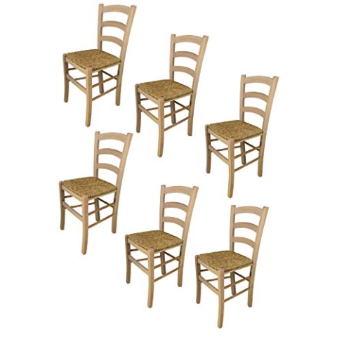 t m c s Tommychairs - 6er Set Stühle Venezia für Küche und Esszimmer, robuste Struktur aus poliertem Buchenholz, unbehandelt und 100% natürlich, Sitzfläche aus echtem Stroh