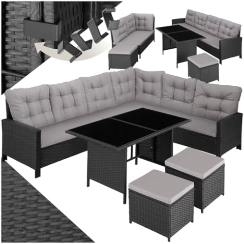 tectake Polyrattan Lounge Set, Gartenmöbel Set mit Sofa, Hocker + Tisch, Balkon Möbel Outdoor, 5-teilige Sitzgruppe, inkl. Sitz- & Rückenkissen, ideal für Garten, Terrasse, Balkon - schwarz