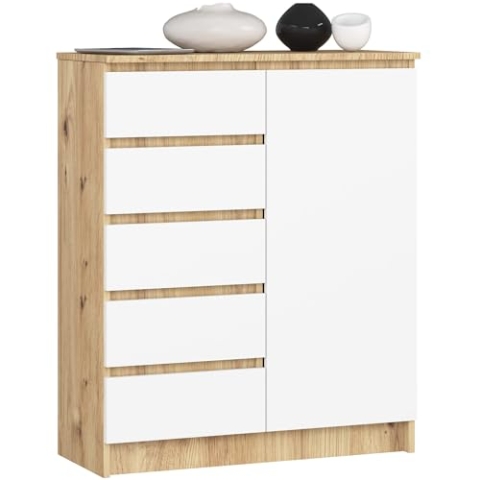 AKORD Kommode K80 mit 5 Schubladen, Schrank mit 1 Tür 3 Regalböden, Für das Wohnzimmer Schlafzimmer, Moderne, 16mm Laminierte Platte, B80xH97xT35 cm, Farbe Artisan-Eiche & Weiß