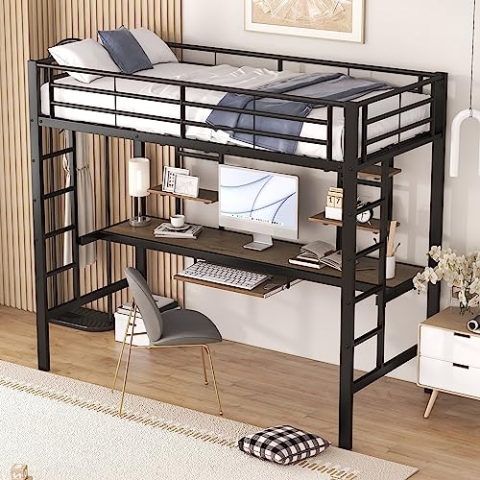 OKYION Hochbett 90x200cm mit Rausfallschutz, Metallbett Eisenbett mit Schreibtisch und Zwei Bücherregalen für Kinder, Jugendliche und Erwachsene, Jugendbett Bettgestell,schwarz