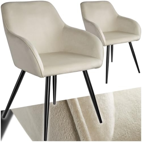 tectake® 2er Set Esszimmer Stuhl, Esszimmerstühle mit Sitzfläche aus Samt, Armlehnstuhl, Sessel Wohnzimmer, gepolsterter Office Chair, Schminktisch Stuhl, gemütlicher Küchenstuhl - crème/schwarz