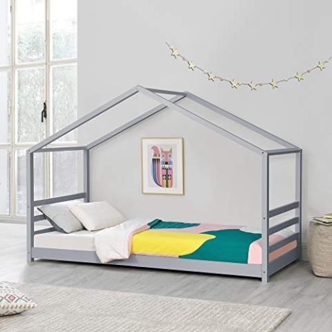 [en.casa] Kinderbett 'Vardø' mit Lattenrost 90 x 200 cm Hausbett Bettenhaus Jugendbett Holz Grau