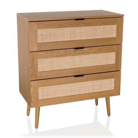 hjh LIVING Kommode mit Rattangeflecht 80x40x90 cm BOHEO K Schrank mit 3 Schubladen, Schubladenkommode mit viel Stauraum, Eiche-Optik