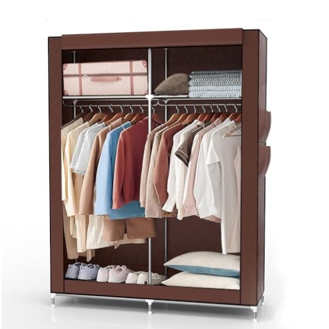 INTIRILIFE Faltschrank 108x170x45 cm in KOKOS BRAUN - Stoffkleiderschrank mit Reißverschluss und Kleiderstange, Seitentasche und Fächern - Steckregal, Metallrahmen, Aufbewahrung