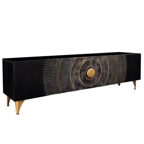 Riess Ambiente Handgearbeitetes TV-Lowboard GOLDEN Sunset - 180cm - schwarz - mit 3D Schnitzereien Gold Mangoholz massiv Metallfüße 3D-Design Kommode Stauraum