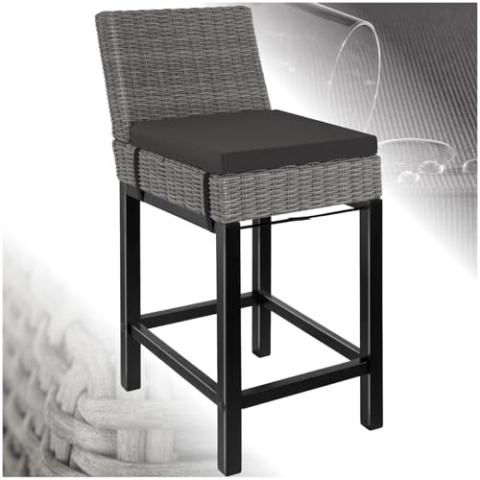 tectake® Alu Rattan Barhocker mit Lehne, Bar Hocker mit Kissen und Fußstütze, 45 x 62,5 x 99 cm, Outdoor Barhocker Holz Beine, wetterfest, Bistro Hocker für Theke, Balkon, Garten, Terrasse - grau