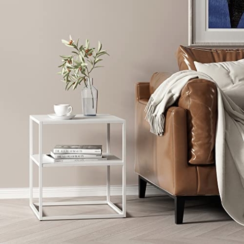 [en.casa] Beistelltisch Raahe Kaffeetisch mit Ablage Sofatisch aus Stahl Nachttisch 50 x 45 x 40 cm für Wohnzimmer Weiß