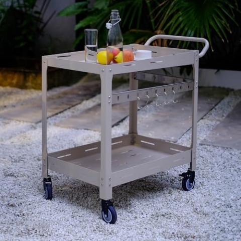 casa.pro Outdoor Servierwagen Bard Garten Rollwagen mit 2 Ablagen Stahl Indoor 72 x 77 x 38 cm Grillwagen mit 5 Haken Rollen mit Feststellbremsen Champagne